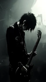 Digital painting of emo rock guitarist in chiaroscuro lighting.