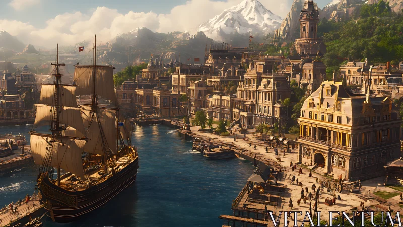 Majestic age-of-sail harbor rendered in cinematic digital detail