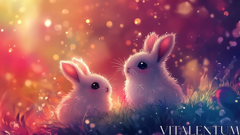 Softly illuminated rabbits under bokeh-rich twilight field lighting