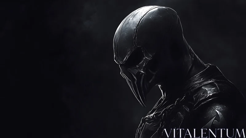 Mysterious dark armored figure in brooding side profile.