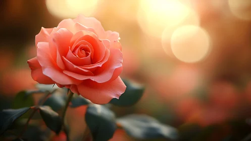 Coral Rose Bloom with Golden Hour Bokeh.