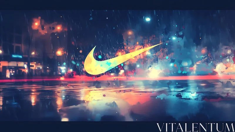 Neon swoosh logo glowing in cinematic rainy night cityscape
