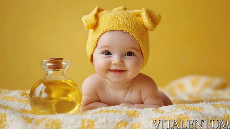 Baby in Yellow Knit Hat with Oil Bottle on Golden Backdrop.