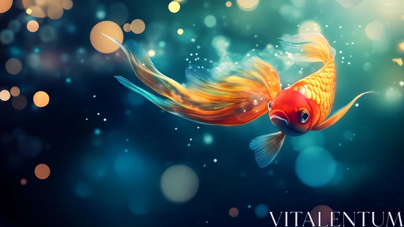 Vibrant goldfish gliding through teal bokeh underwater light.