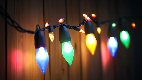 Colorful string lights glow warmly against wooden siding.