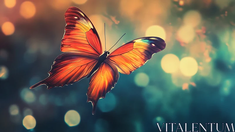 Luminous orange butterfly glides across defocused bokeh field