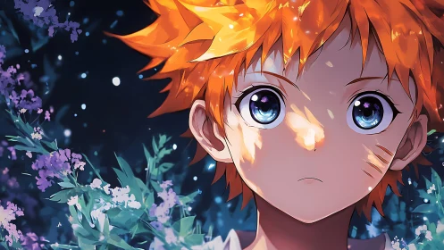 Anime portrait of orange haired child under dappled forest light