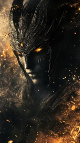 Armored humanoid figure emerges from dark, embered haze