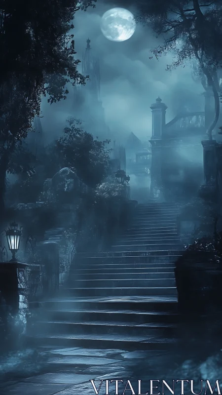 Moonlit stone staircase ascends into eerie gothic fog.