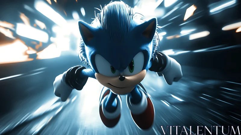 Blue hedgehog hero dashes through a glowing speed tunnel.