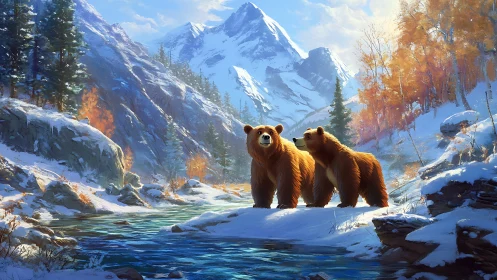 Brown bears share a quiet moment in a snowy mountain valley.