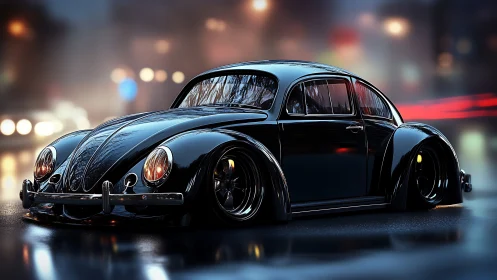 Low-slung black classic car rendered on wet urban street