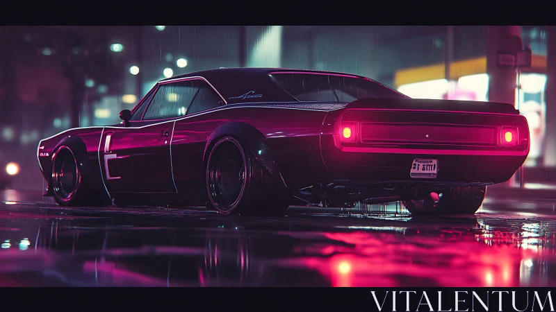 Neon-soaked muscle car glows softly in a rainy city night