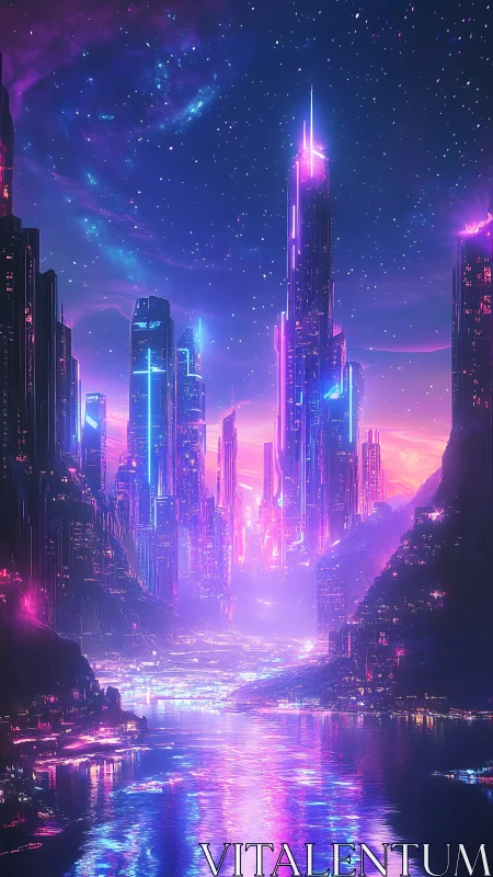 Neon megacity skyline under cosmic starfield at dusk.