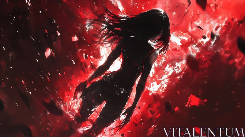 Silhouetted combatant descends through red particulate energy field