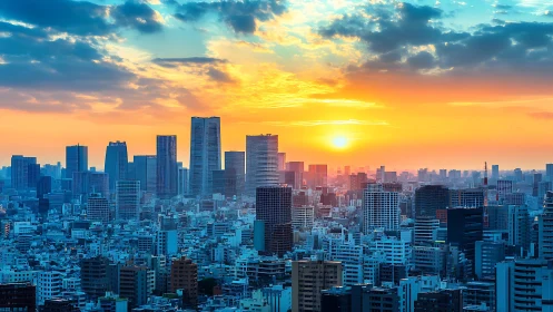 Golden city sunset casting soft light over modern skyline.