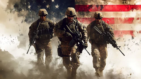 Battle-worn soldiers stride through smoke and fractured flag.