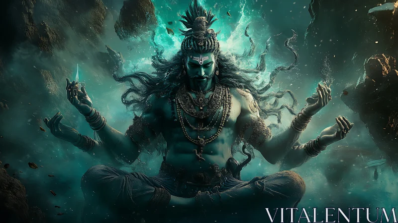 Blue-skinned deity sits cross-legged in turbulent teal energy