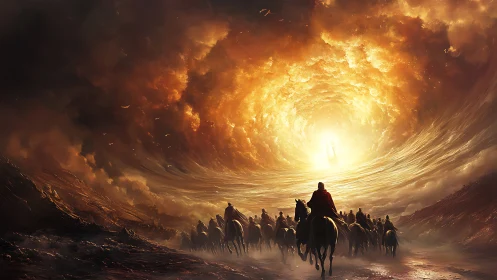 Cavalry silhouettes entering apocalyptic vortex of fire and light