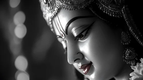 Softly lit devotional sculpture in quiet monochrome grace.