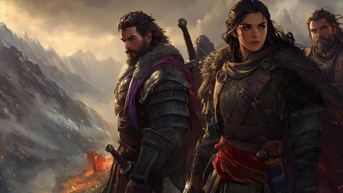 Battle-worn warriors confront a burning mountain stronghold