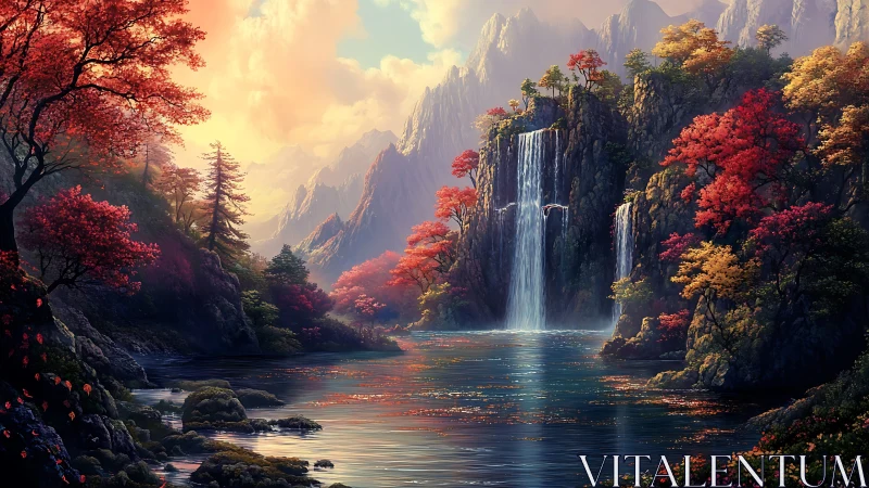 Autumnal mountain gorge with twin waterfalls and reflective lake