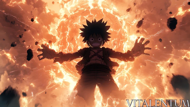 Explosive anime figure framed by incandescent fiery vortex