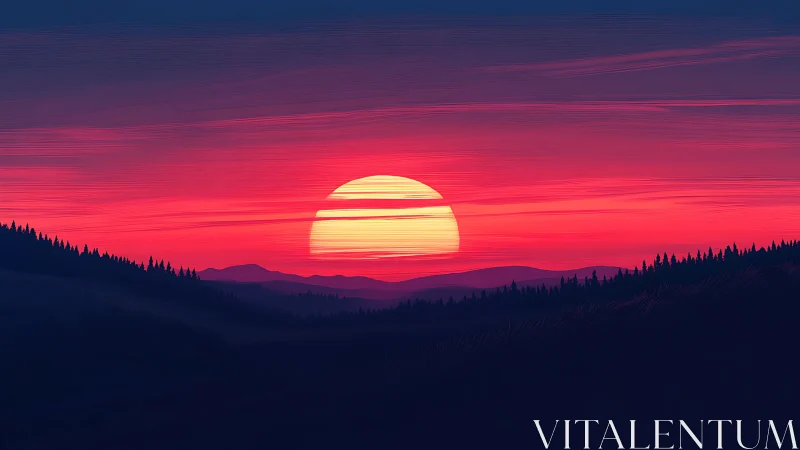 Crimson sunset over layered mountain forest silhouette.