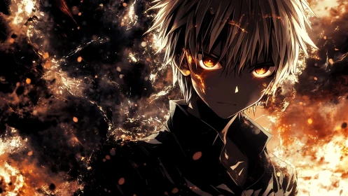 White haired anime antihero amid explosive ember storm.