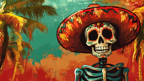Skeleton with sombrero in tropical palm landscape illustration.
