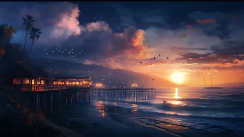 Sunlit oceanside pier glows warmly against a twilight sky