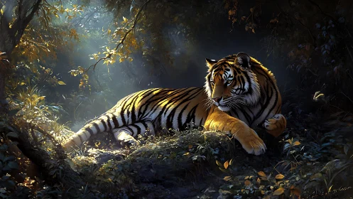 Tiger lies in filtered forest light on dense undergrowth