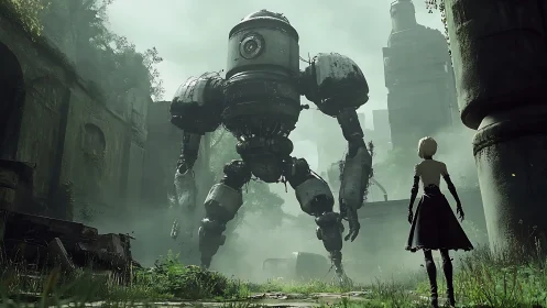 Cinematic 3D showdown of android and colossus in ruined atrium.