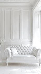 White tufted sofa anchors ornate monochrome salon interior