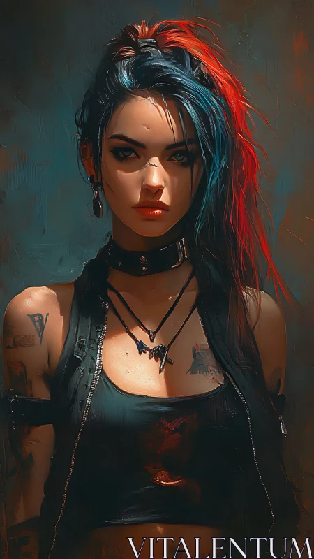 Punk woman with colored hair stares forward in painterly light