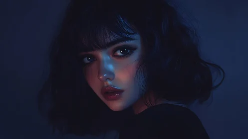 Moody digital portrait of young woman in blue light.