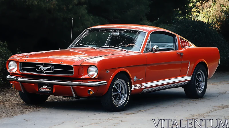 Red 1960s Ford Mustang fastback parked on driveway.