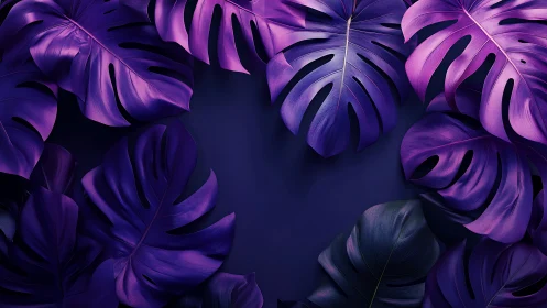 Monstera leaves in violet tones on dark background.