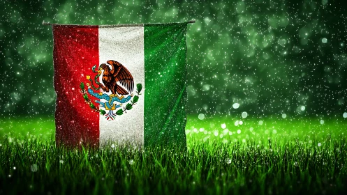 Mexican flag glowing softly in sparkling green rainstorm.