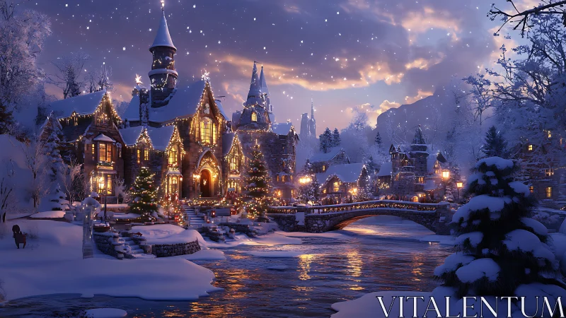 Snowlit village breathes warm light into a starry winter sky