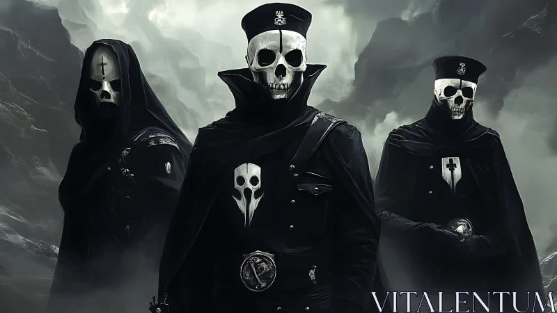 Skull-masked death officers patrol mist-shrouded ravine.