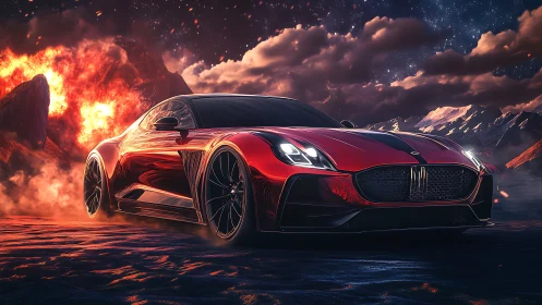 Red sports car speeding through fiery volcanic landscape.