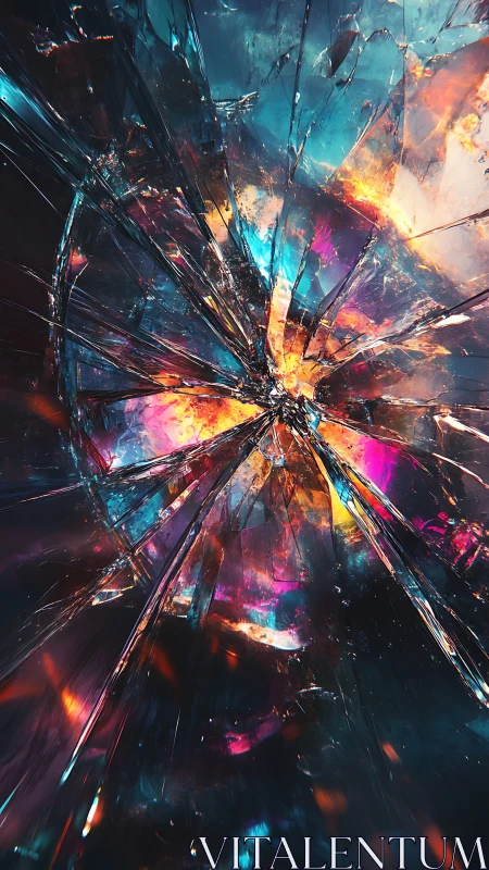 Shattered glass radial burst with vivid neon light cores.