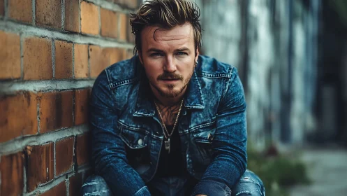 Urban portrait of pensive man in denim against brick wall.