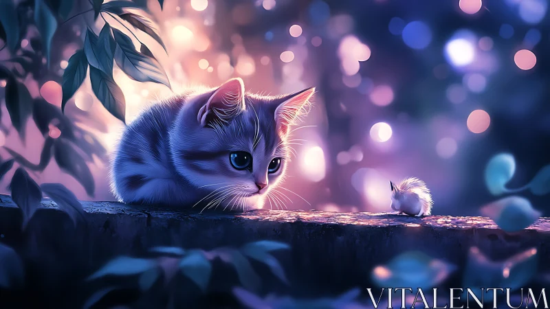 Blue tabby cat watches tiny mouse on wooden perch in glowing bokeh.