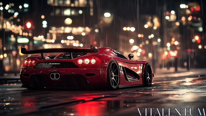 Scarlet hypercar under neon rain in cinematic city streets.