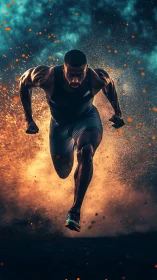 Sprinter explodes from fiery trail in dynamic motion shot.