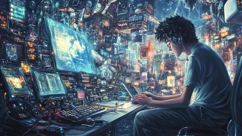 Nocturnal coder pilots neon city of swirling data storms.