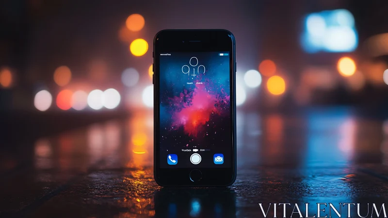 Smartphone with cosmic wallpaper on wet urban surface at night.