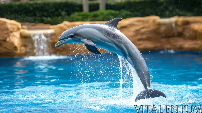 Bottlenose dolphin mid-jump over clear blue pool water.